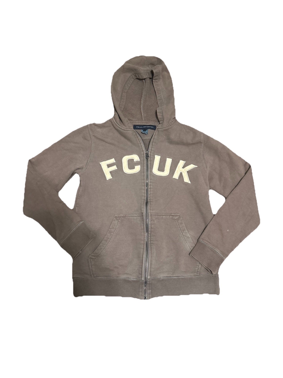 Y2K French Connection FCUK Gray Full Zip Hooded Fleece Hoodie Pockets