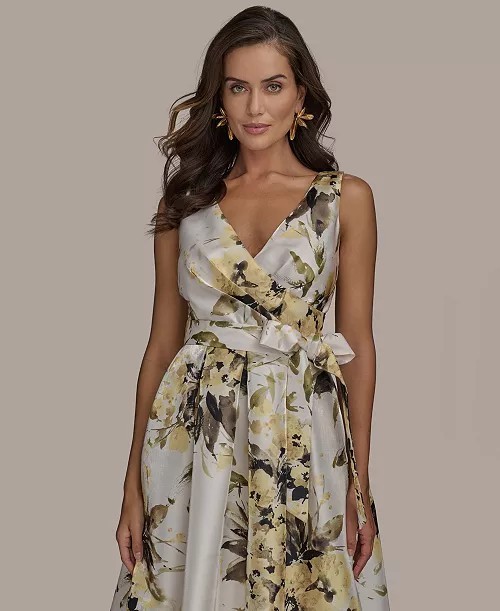 Donna Karan New York Floral Midi Dress Size 6 Ivory Satin Fit Flare NWT Pockets