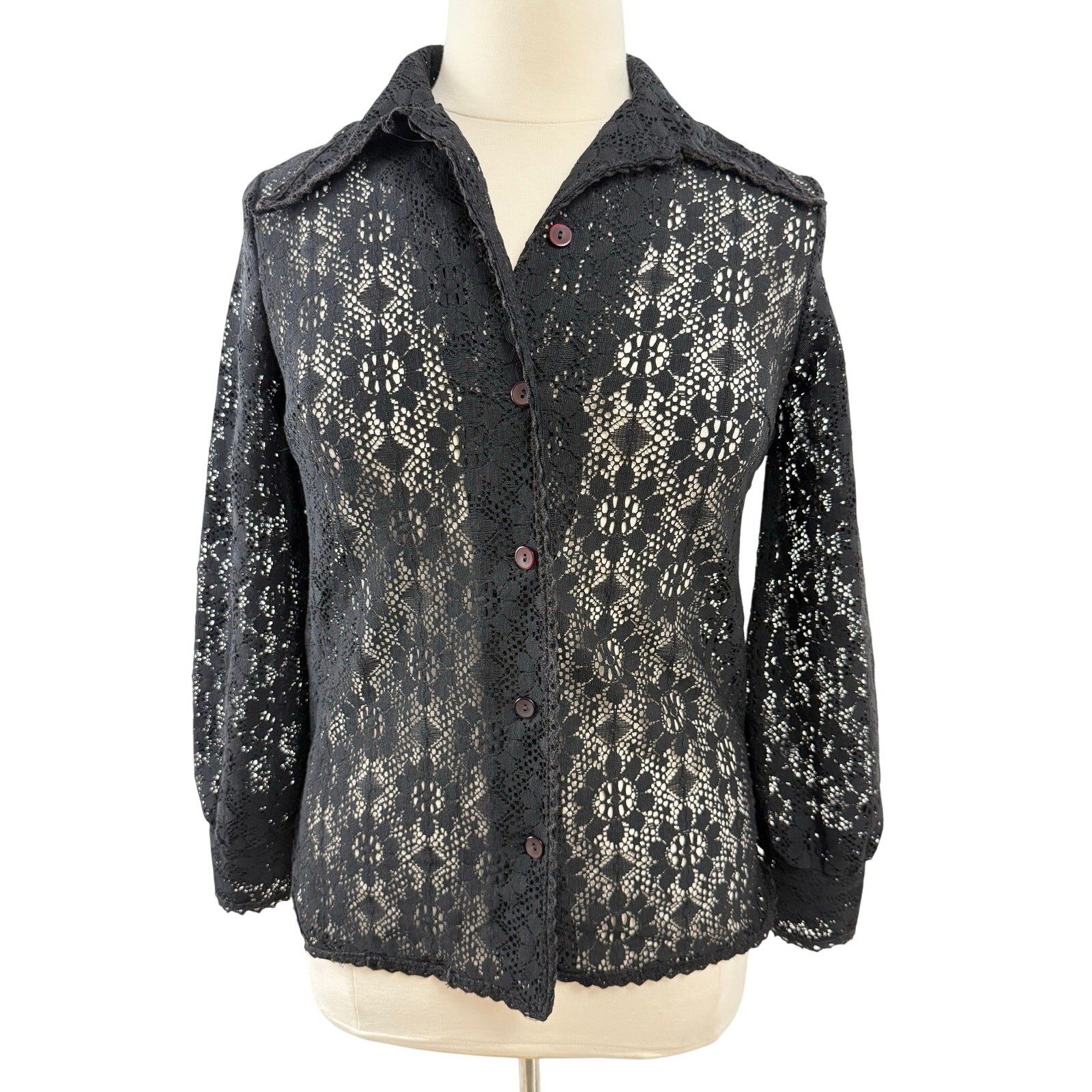 Black Lace Button-up with Side Darts, Wide Collar and Red Button Detail, Size M
