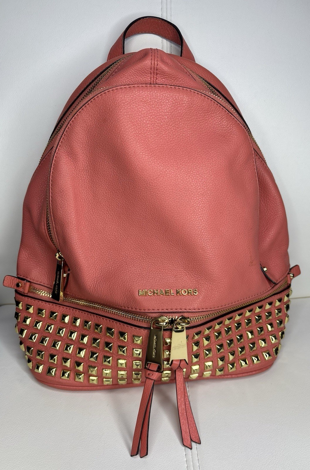 Michael Kors Women’s Medium Backpack Purse In Peach Soft Leather With Gold Studs