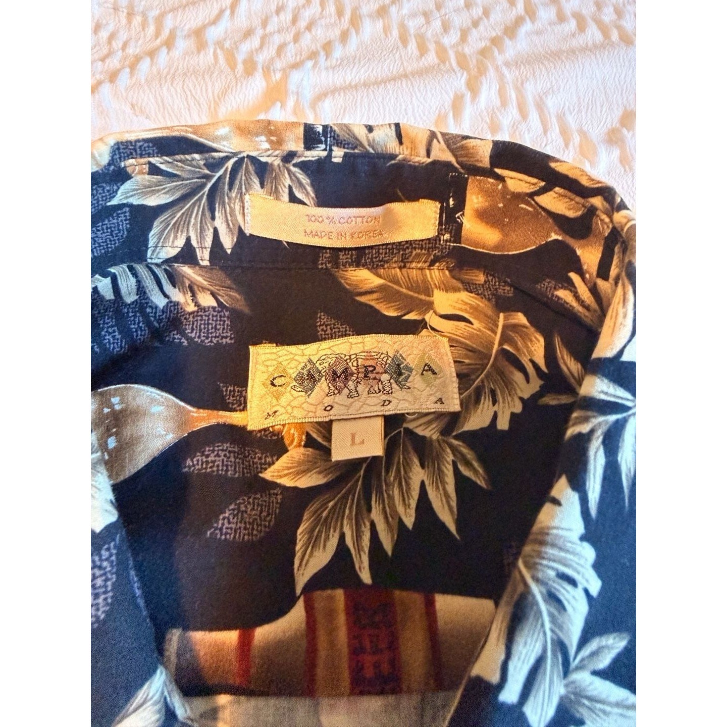 Campia Moda Mens Large Vintage Hawaiian Shirt Beer Tropical Leaf Cotton Navy L