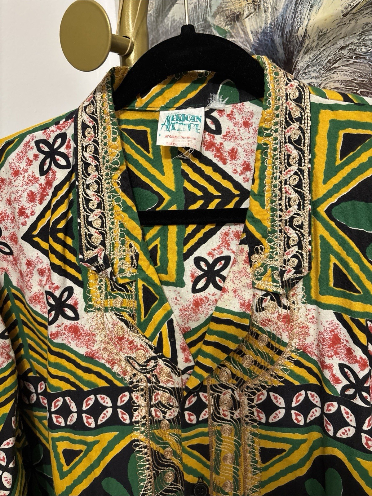 Vtg 90s Charles Smith Kenya 100% Cotton Embroidered Tunic Shirt Pockets L