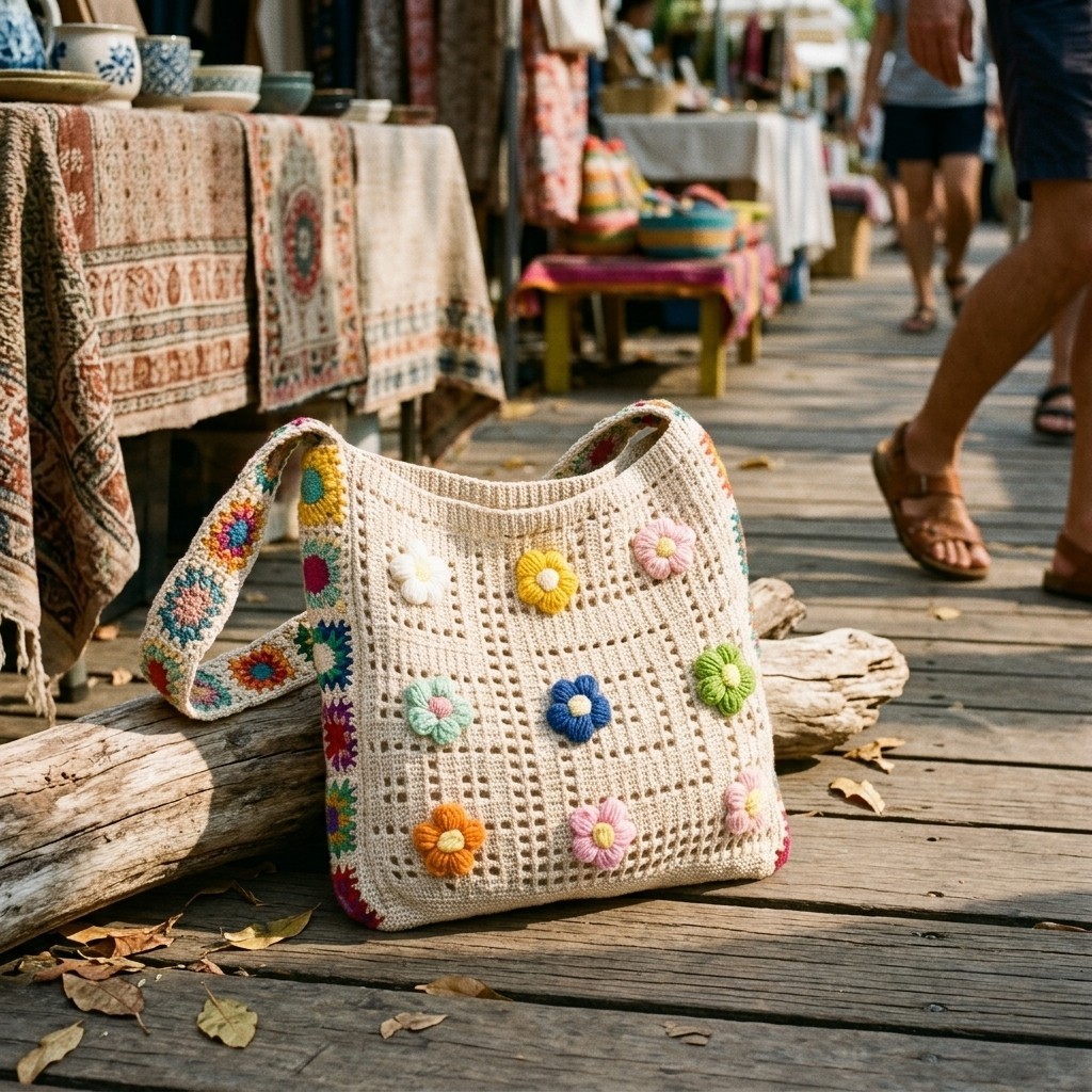 Cute Flower Crochet Tote Bag Women Beige Boho Crossbody Bag for Daily Leisure