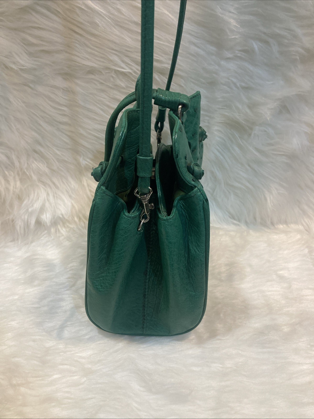 Ostrich Leather Shoulder Bag Green Crossbody Purse Women’s 17cm Vintage