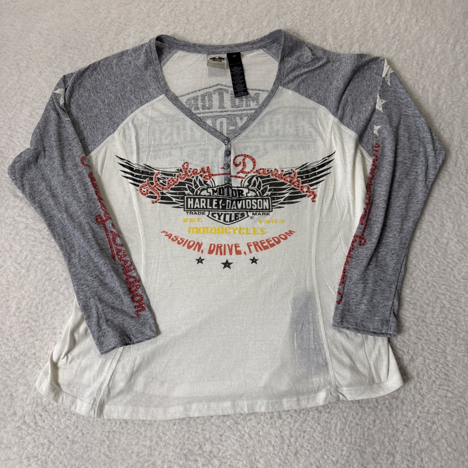 Harley Davidson Women’s White Gray Long Sleeve Bedazzled Jeweled Shirt 1W 18-20