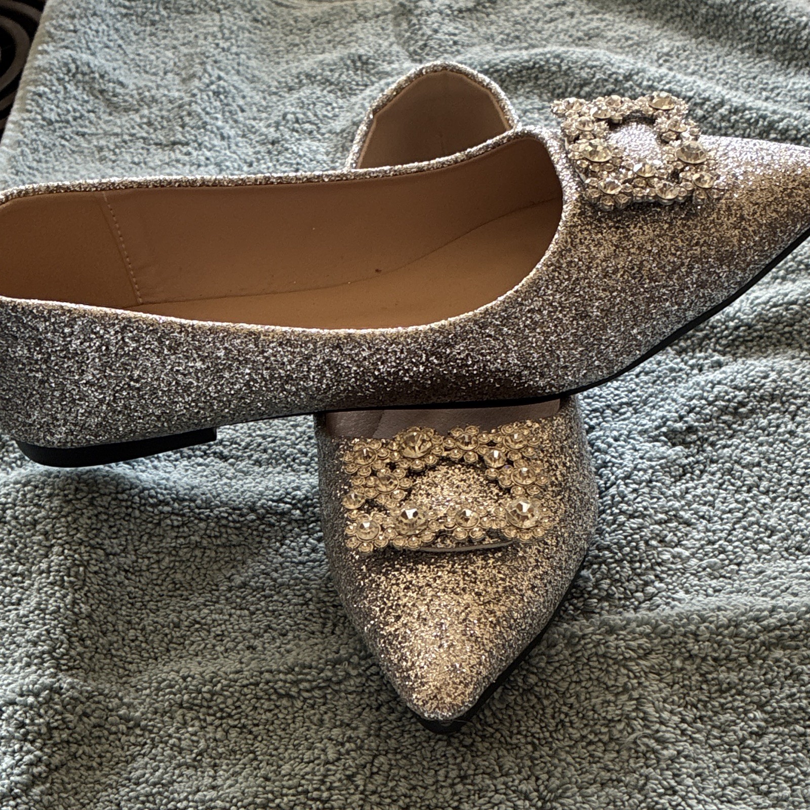Silver Glitter Pointed Toe Slip-On Ballet Flats Rhinestone 10