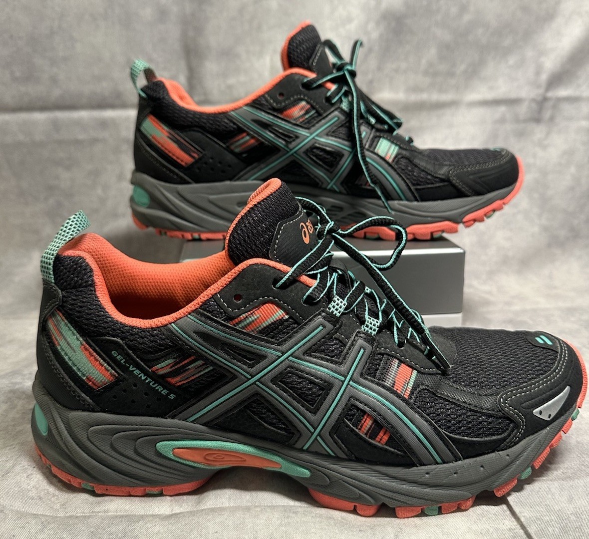 Asics Gel Venture 5 Black Mint Coral Trail Running Shoes T5N8N Women’s Sz 8.5