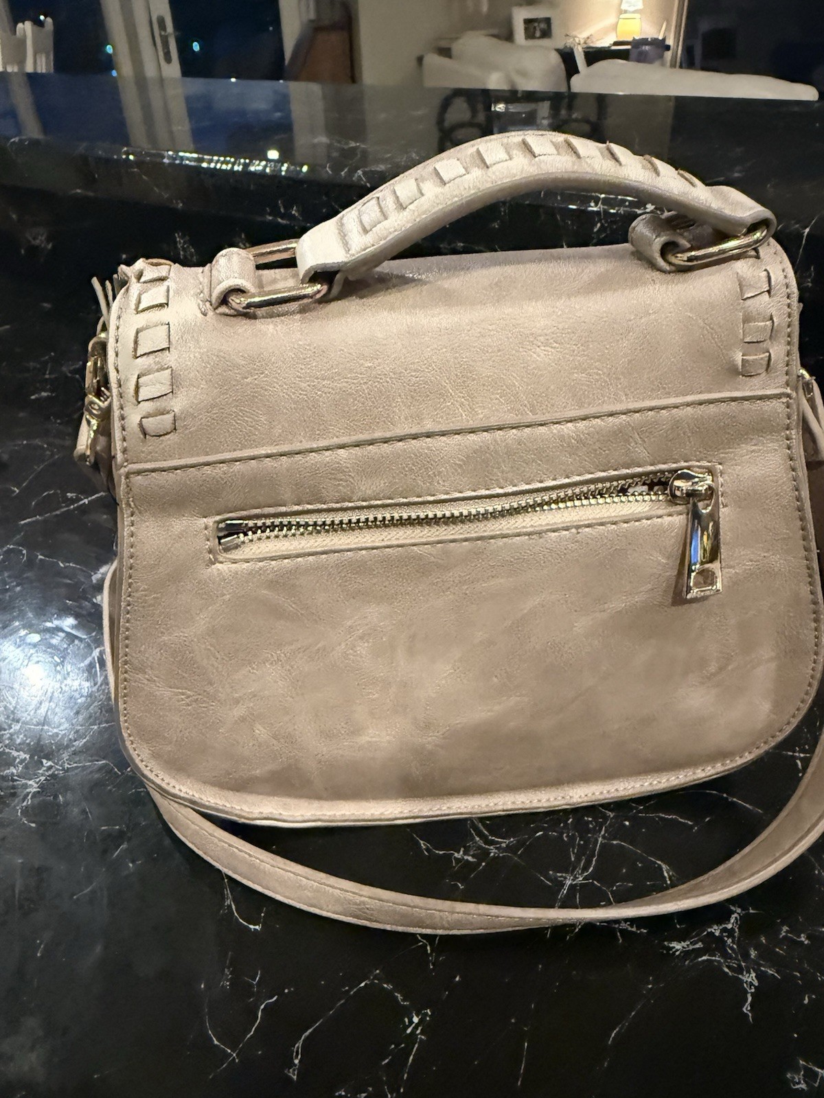 Beige Small Geometric Crossbody Bag Top Handle Adjustable Strap Zip Pockets