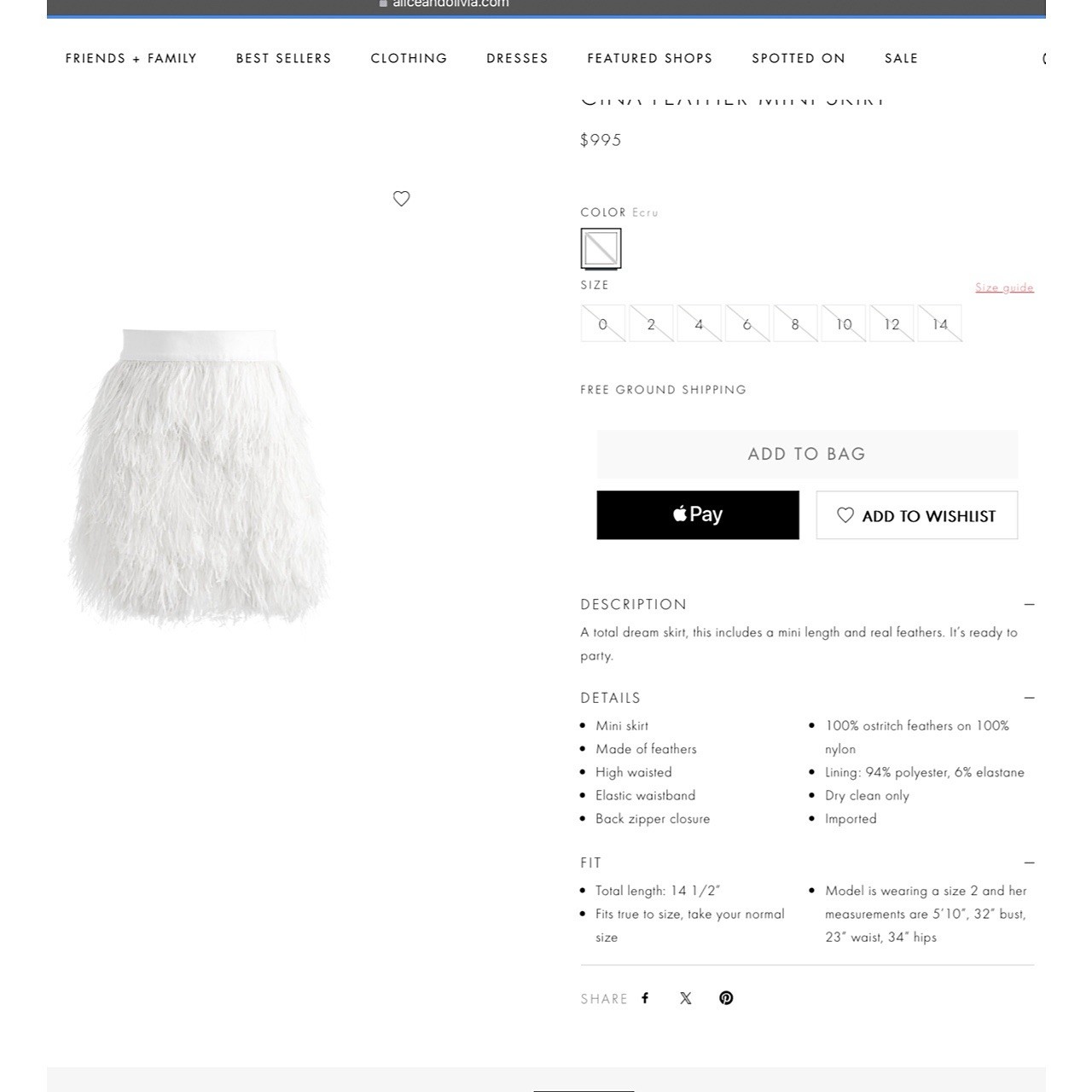 Alice + Olivia Cina Off White Ecru Ostrich Feather Mini Skirt SIZE 6