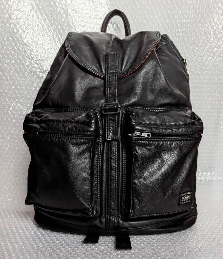 PORTER Tanker Leather Backpack Black Nylon Lined Zip Military Men Japan 43cm