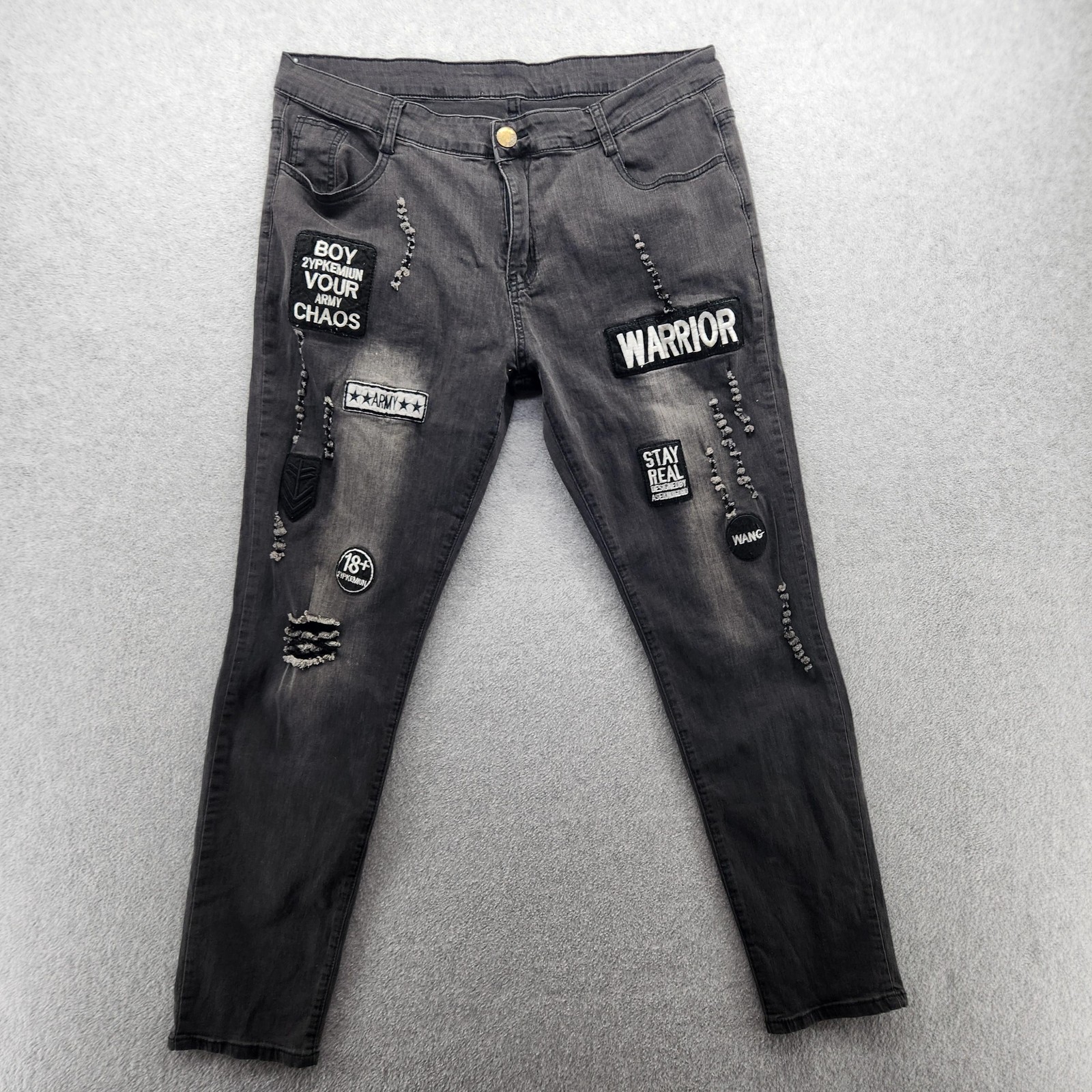 Jeans Mens 32×32 Gray Tapered Distressed Patchwork Warrior Stay Real Streetwear