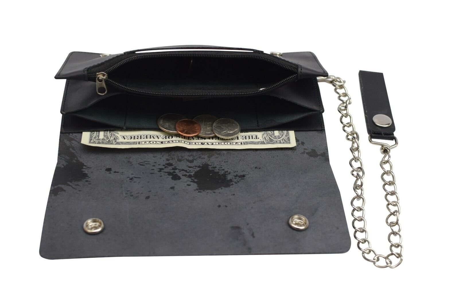 Leather Men Motorcycle Trucker Biker Chain Wallet With Inside Zipper, Black