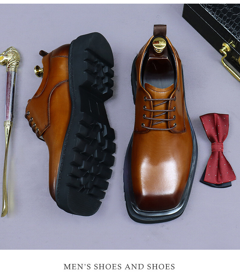 Men’s 100% Real Leather Square Toe Derby Shoes Wedding Platform Business Lace Up