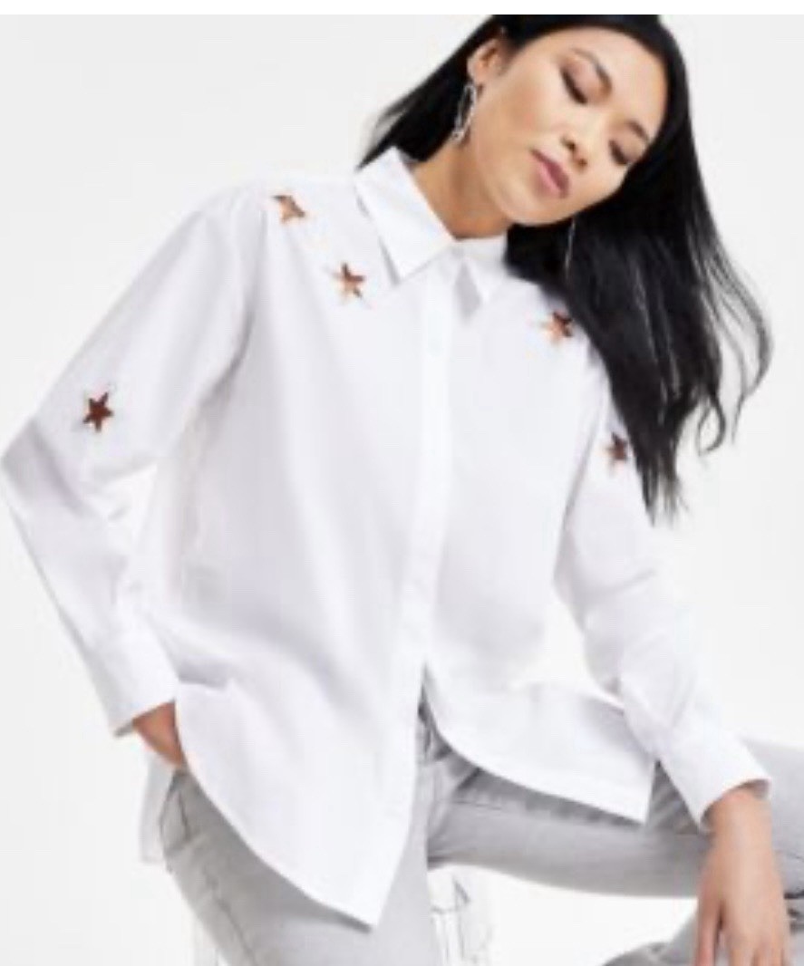 Women’s I.N.C International Concepts Women’s Embellished Star-Cutout Shirt NWT M