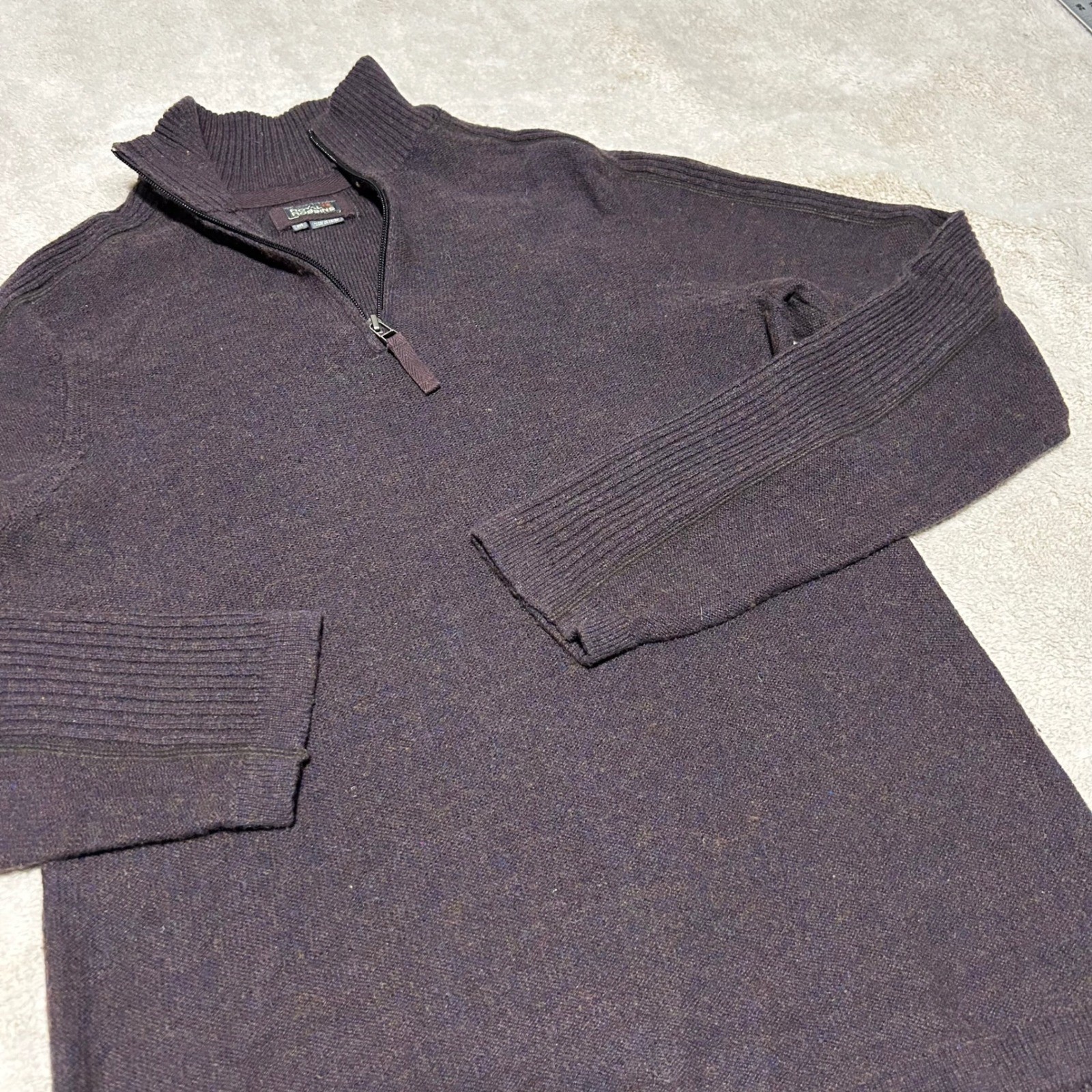 Royal Robbins Sweater Mens M Brown Purple Wool Blend Quarter Zip Ribbed Pullover