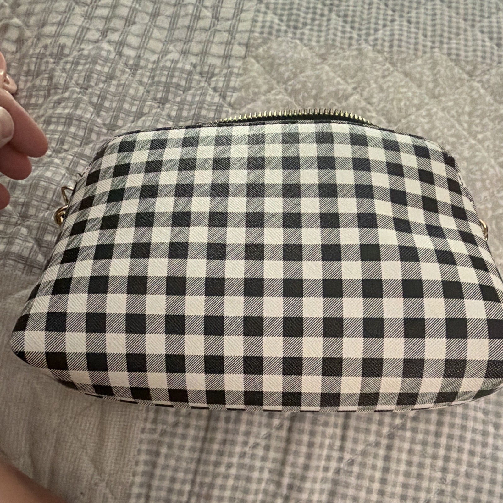 Nanette Lepore Black & White Gingham Zip Shoulder Bag Gold Chain Strap Purse
