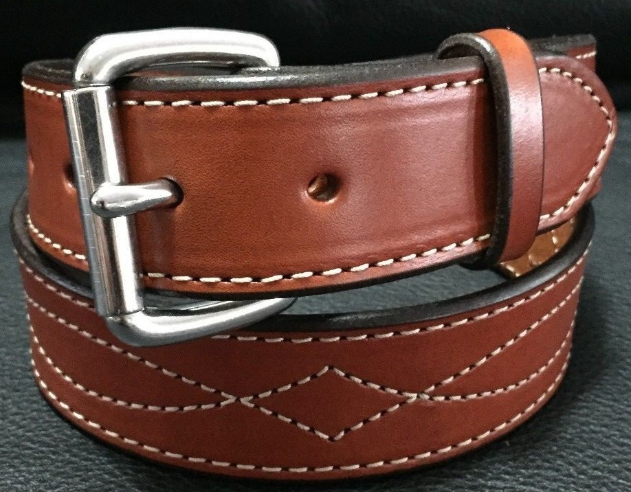 1-1/2″Diamond Stitched Genuine Real Leather Dress Gun Belt Strap Buckle_Amish