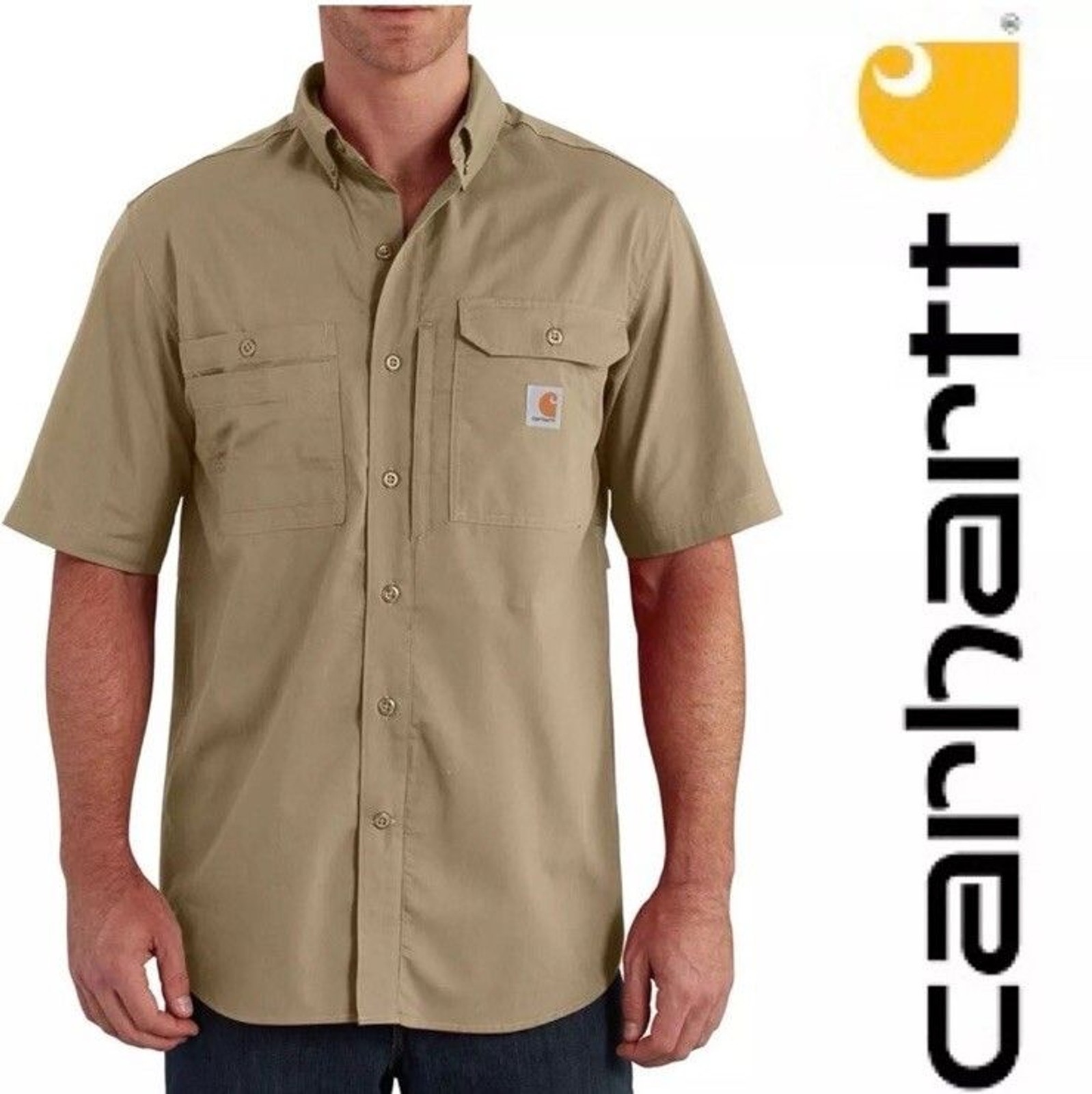 Carhartt Force Ridgefield XL Shirt Khaki Logo Button-Up Pockets FastDry Vented