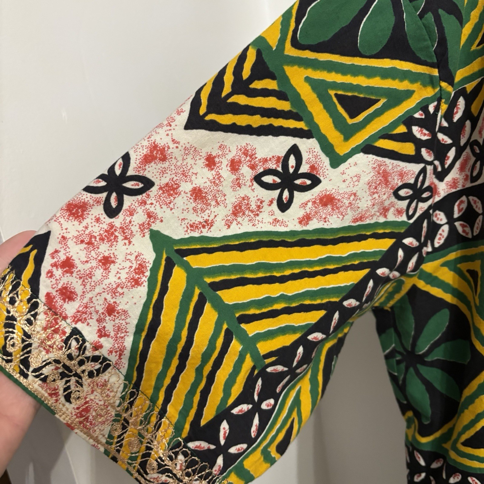 Vtg 90s Charles Smith Kenya 100% Cotton Embroidered Tunic Shirt Pockets L