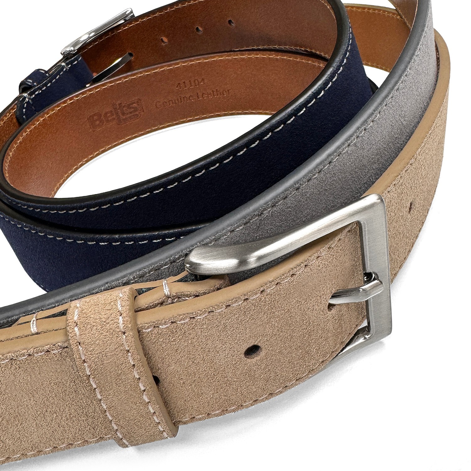 Brushed Nickel Buckle Suede Belt Genuine Leather Casual Jean Belt 1-1/2″ Wide