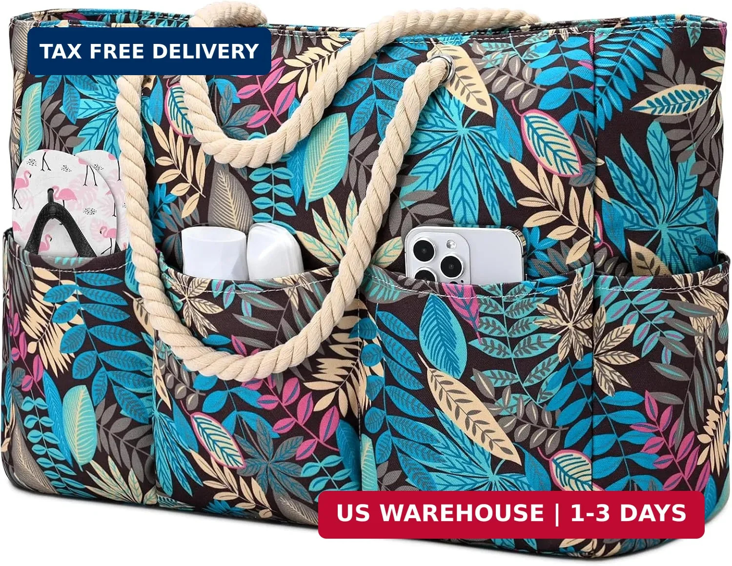 Becokan Beach Bags for Women Canvas Large Beach Tote Bag Zipper