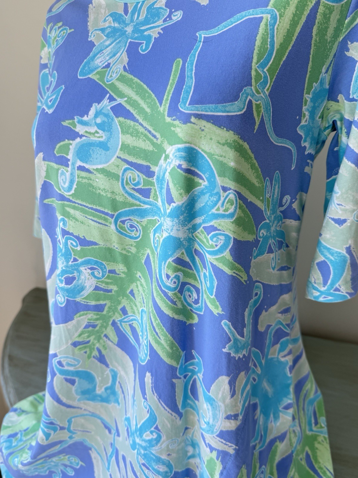 Ana Clare T Shirt Dress L under Sea Horse Fish Octopus Lavender Coastal Pockets