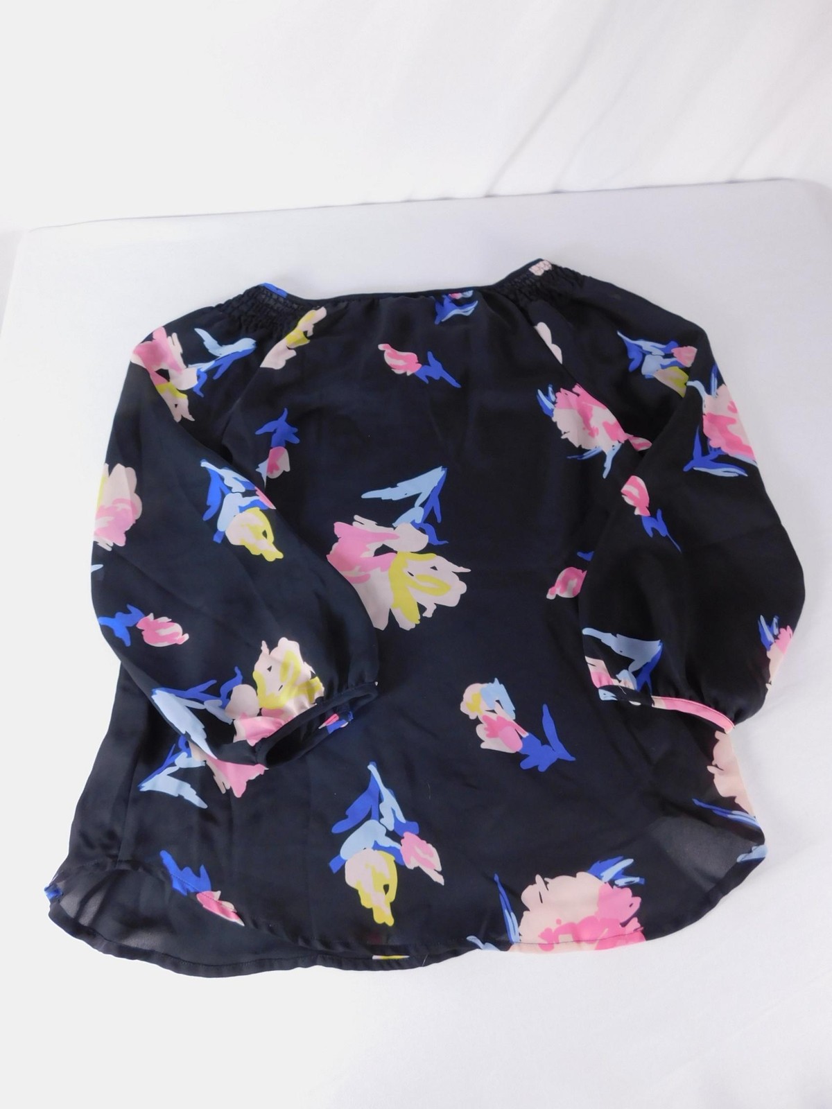 ELLE Blouse Womens S Black Floral Chiffon Scoop Neck Long Sleeve Pullover
