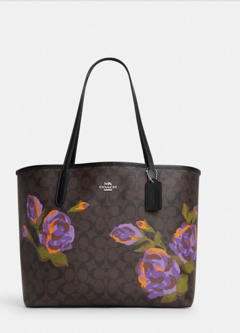 NWT COACH City Tote Bag Signature Canvas Leather With Rose 🌹 Print Style CL420