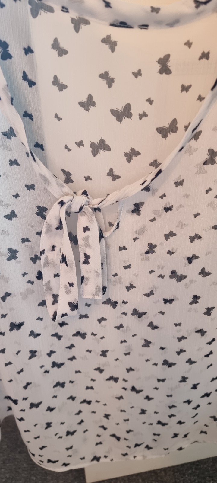 White Butterfly Print Sheer Scoop Neck Blouse with Back Tie Detailing