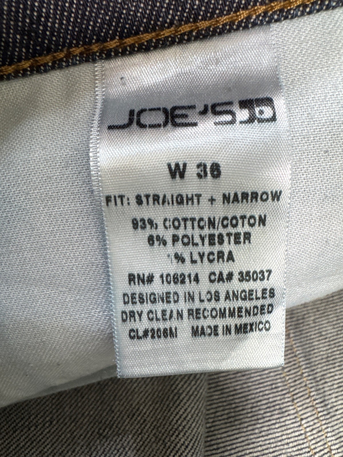 Joes Jeans Straight & Narrow Channing W36 Denim Pants Dark Wash Cotton/Lycra Ble