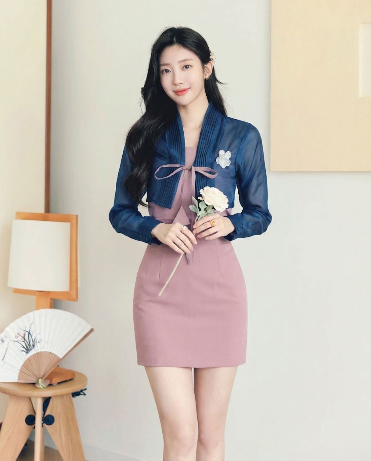 Korean Floral Blouse Hanbok. Azure Moon Sheer Organza Hanbok Jeogori