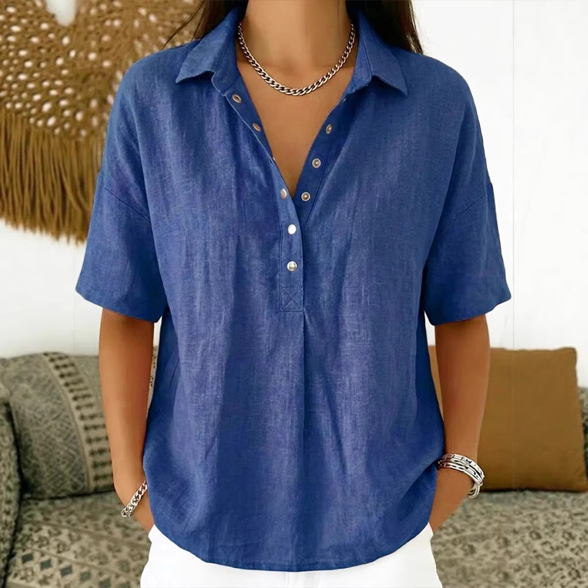 Summer Short-sleeved Shirt Button Pullover Top Fashion Casual Women’s Clothing