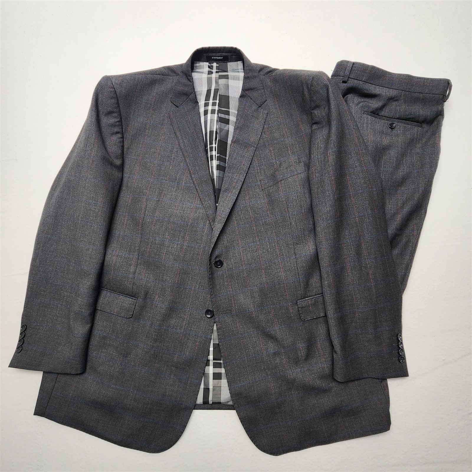 Statement Italy 52L 44×32 Gray Red Blue Windowpane 100% Wool 2Btn 2Pc Mens Suit