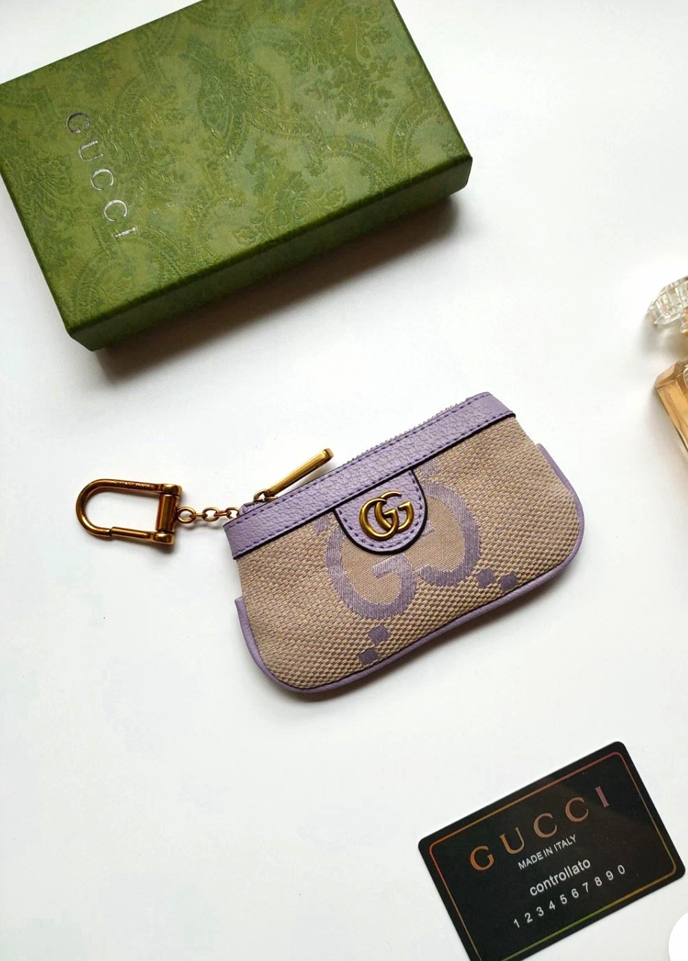 Gucci GG Logo Zipper Key Chain Pouch w/ Clasp Hook Beige Purple Gold