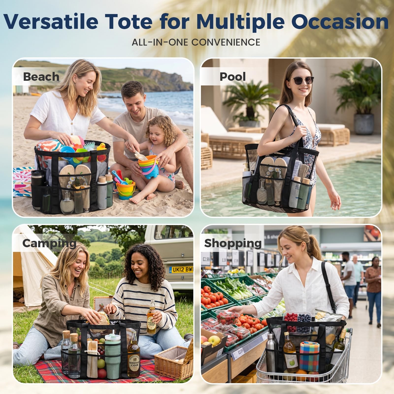 Mesh Beach Bag for Women, Large Beach Toy Pool Bag with Waterproof PVC Pocket…