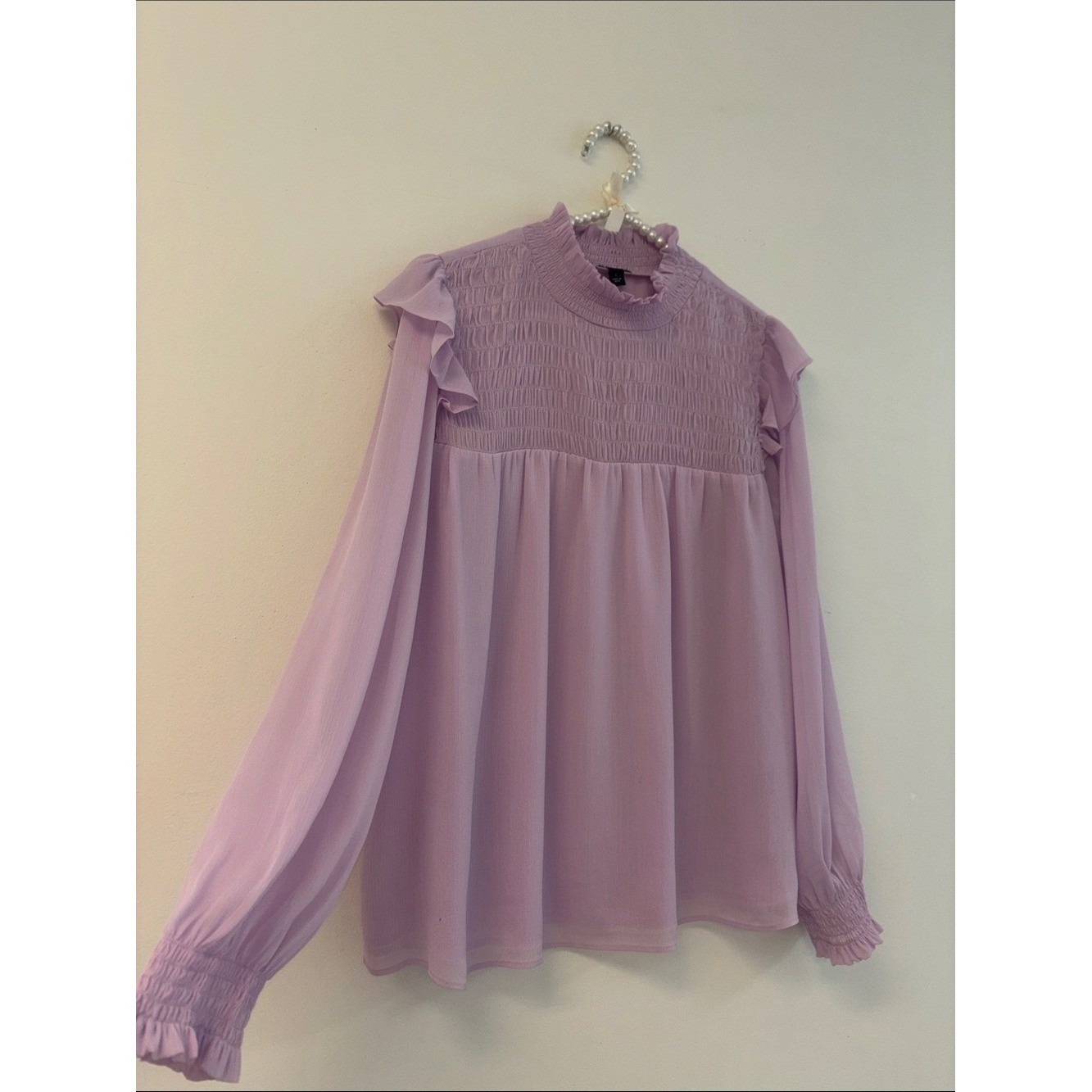 Ann Taylor Lavender Smocked Ruffle-Shoulder Blouse