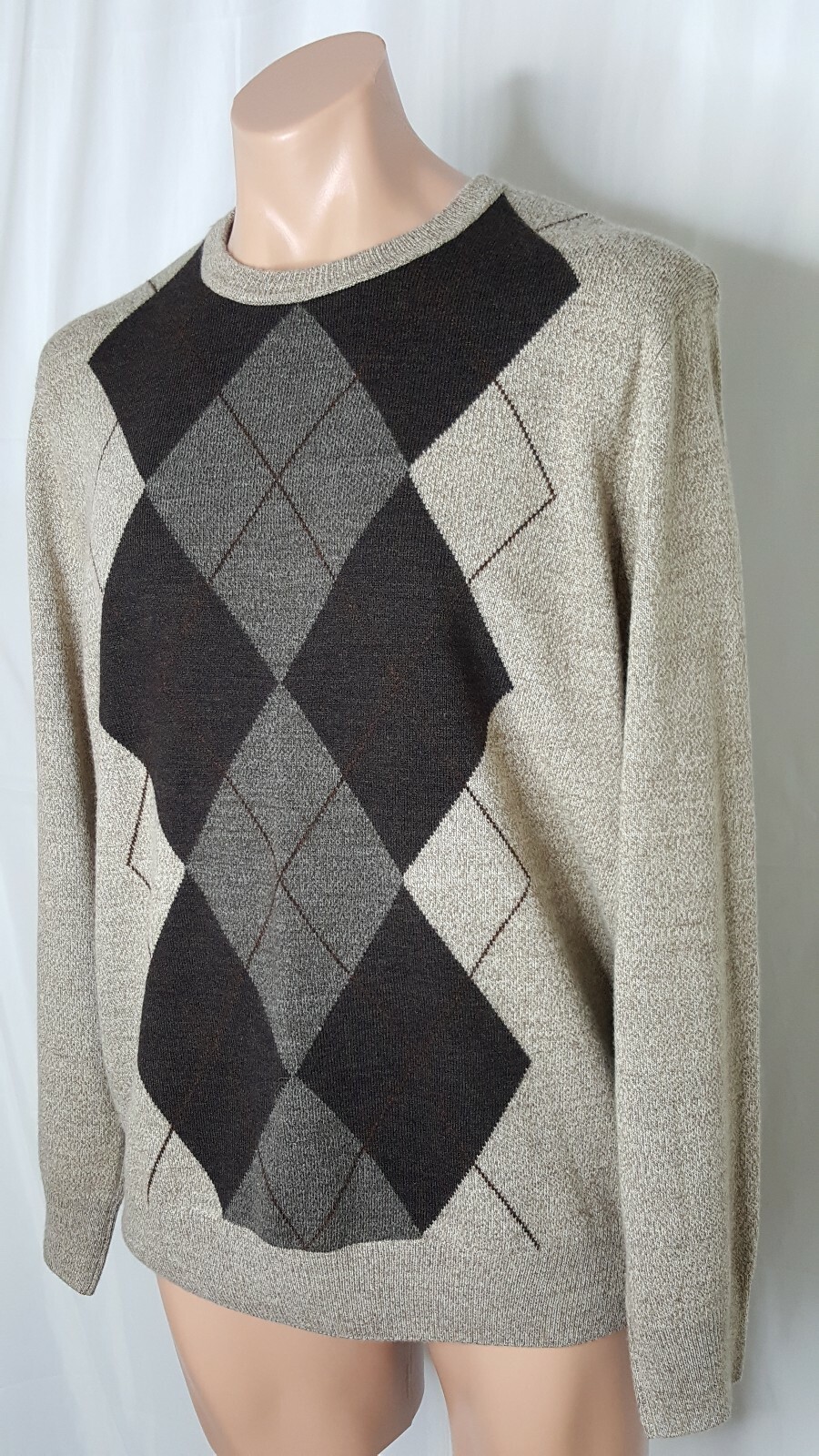 Dockers Men’s Beige Multi Argyle Long Sleeve Crew Neck Pullover Sweater Size XL