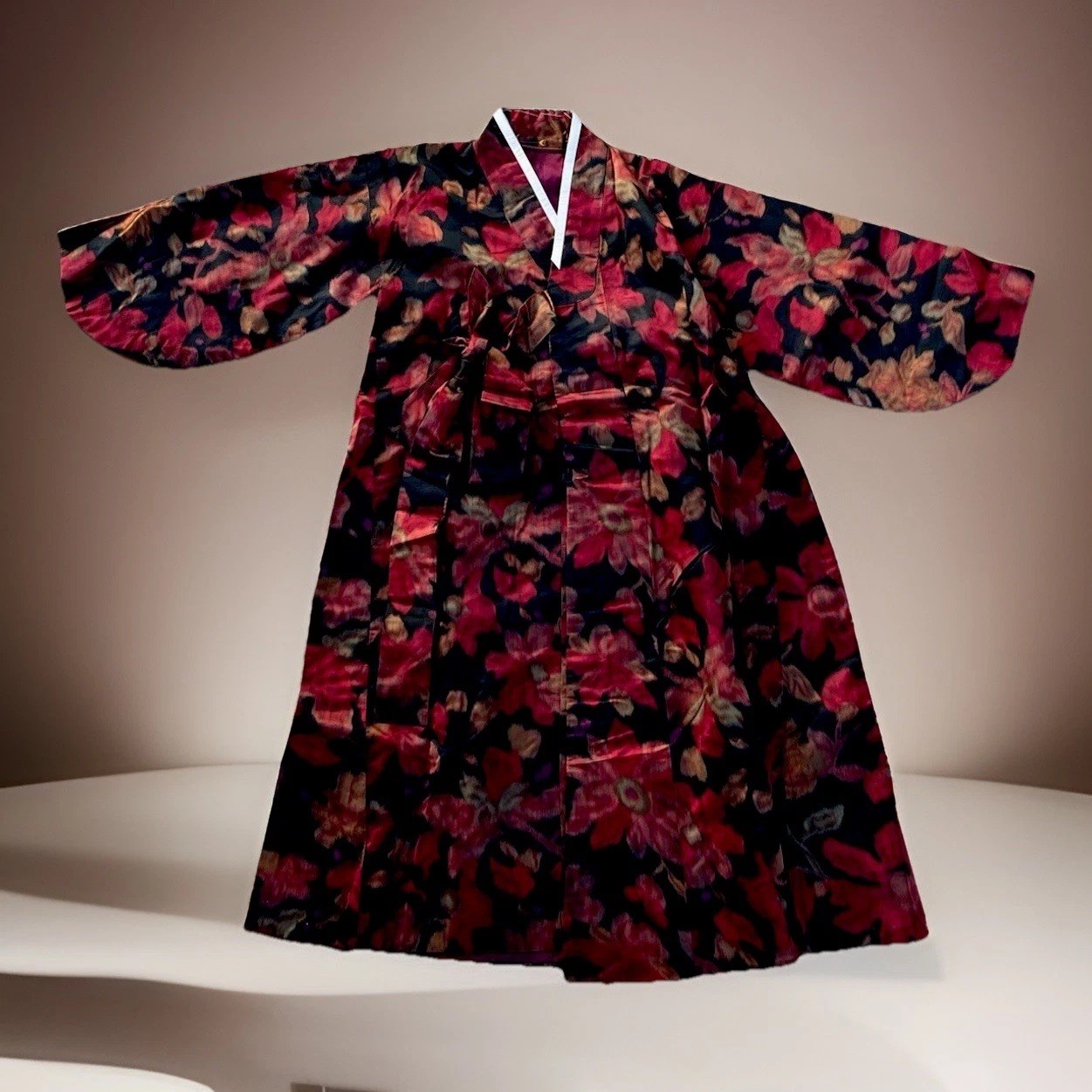 VTG 100% Silk Hanbok Durumagi Overcoat Custom Made Burgundy Red Gold Black OS