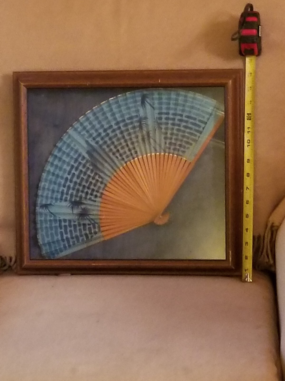 LARGE 15X16 HAND PAINTED FAN SHADOW BOX FRAMED VELET BLUE BACKGROUND