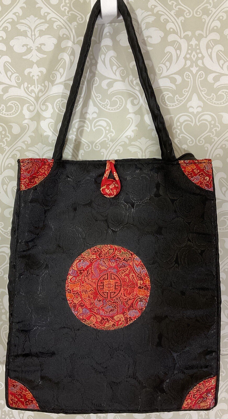 Oriental Tote Handbag Silk Embroidered Red On Black Asian Style