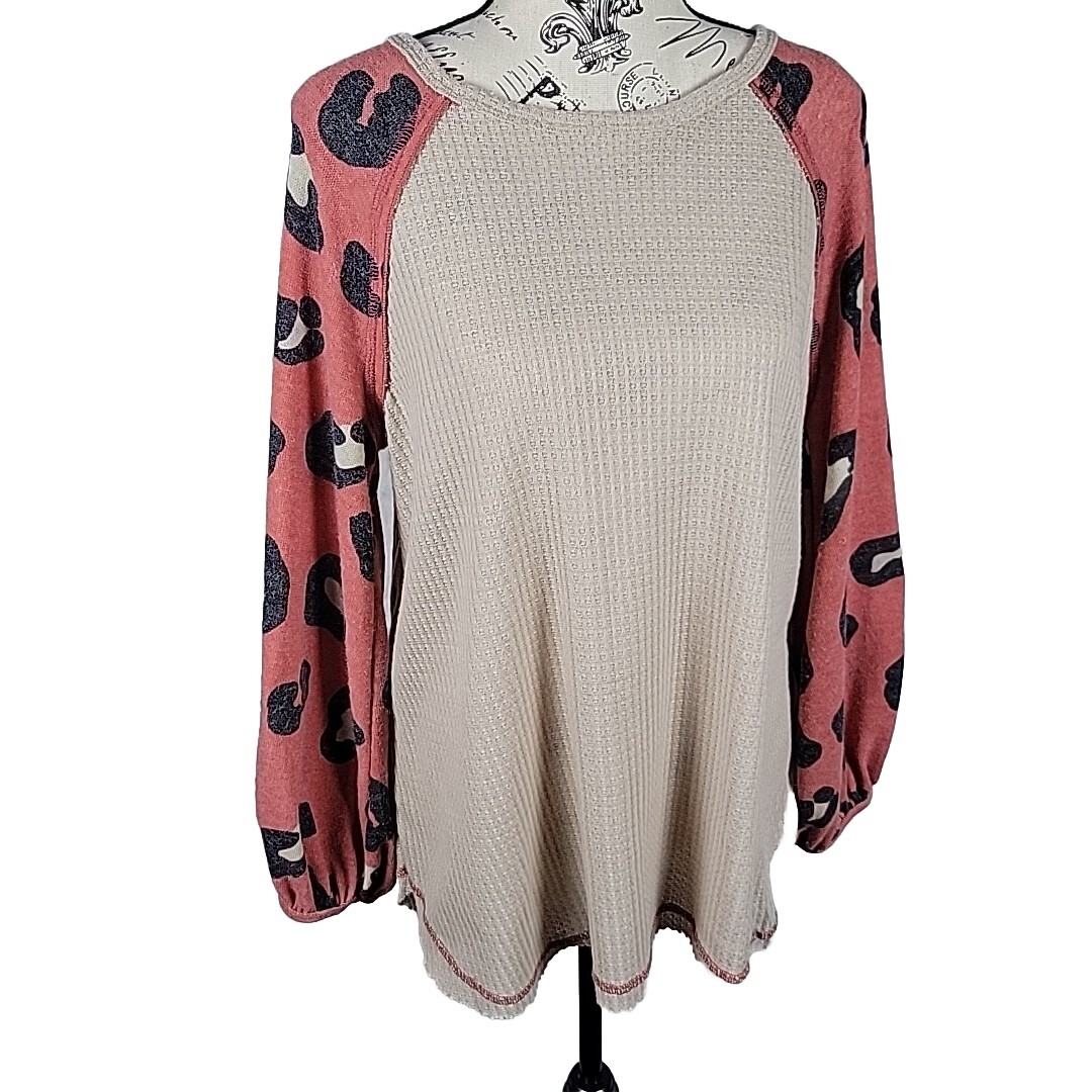 Lime n Chili S Woman’s Waffle Knit Thermal Mixed Print Oversized Balloon Sleeves