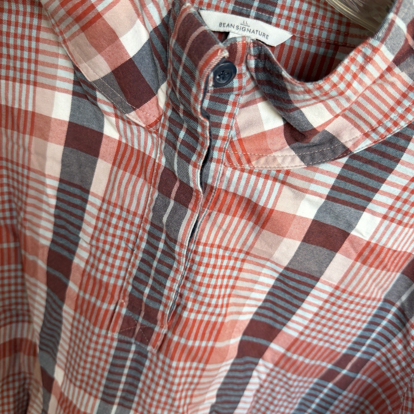 LL Bean Signature Pullover Top Women’s Large Gray Orange Plaid Cotton Collar
