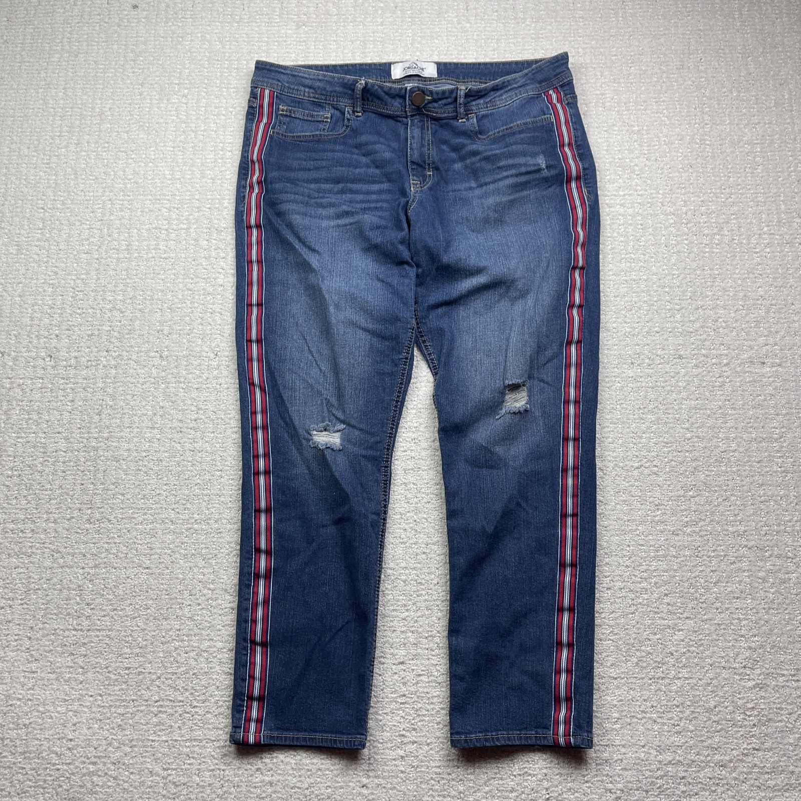 Jordache Skinny Boyfriend Red / Blue Striped Jeans Women Sz 16 Distressed
