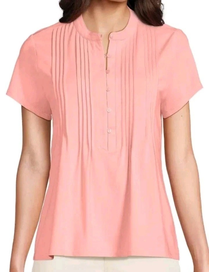 NWT Lands’ End Women’s M Short Sleeve Pintuck Blouse Pink Cotton Modal C0723