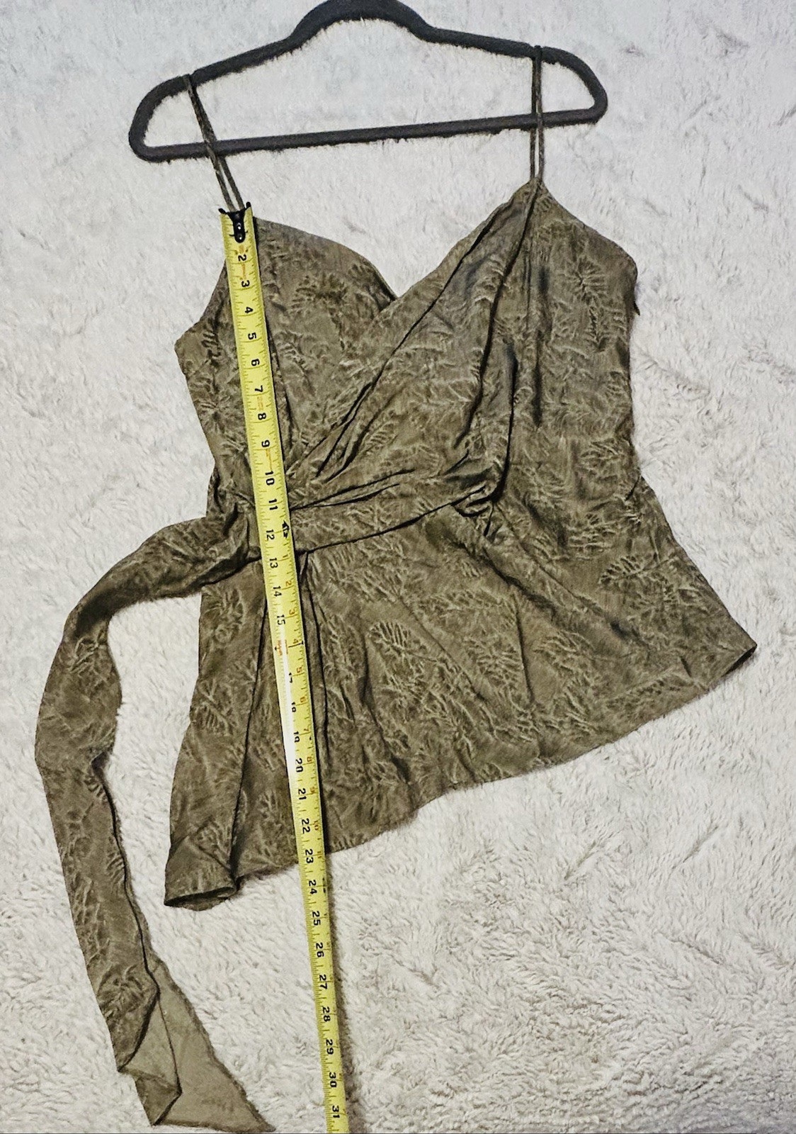 Zara Sage Green Jacquard Wrap Cami Top Asymmetrical Tie Leaf Print L