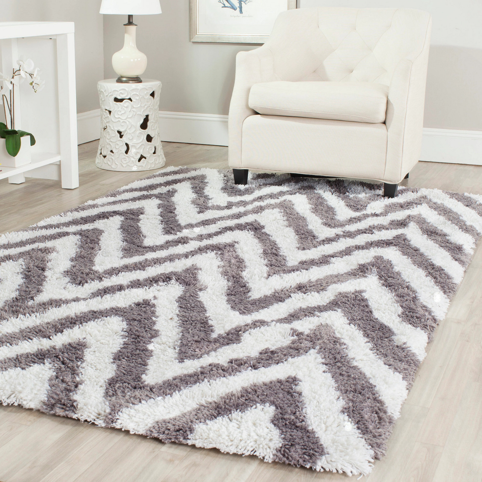 Safavieh Chevron Shag 9 x 12 (ft) Loomed Synthetic Ivory/Gray Rectangular|17000
