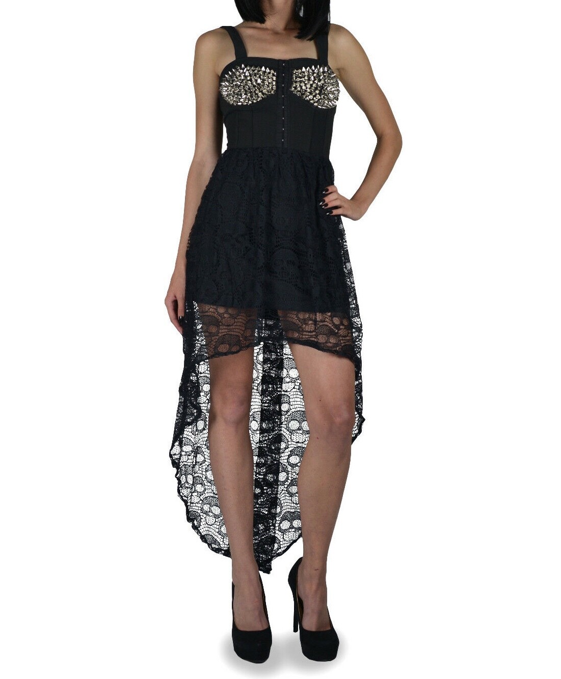 JAWBREAKER SEXY GOTHIC PUNK ROCKER SPIKES SKULLS LACE HI LO BLACK DRESS DRA2278