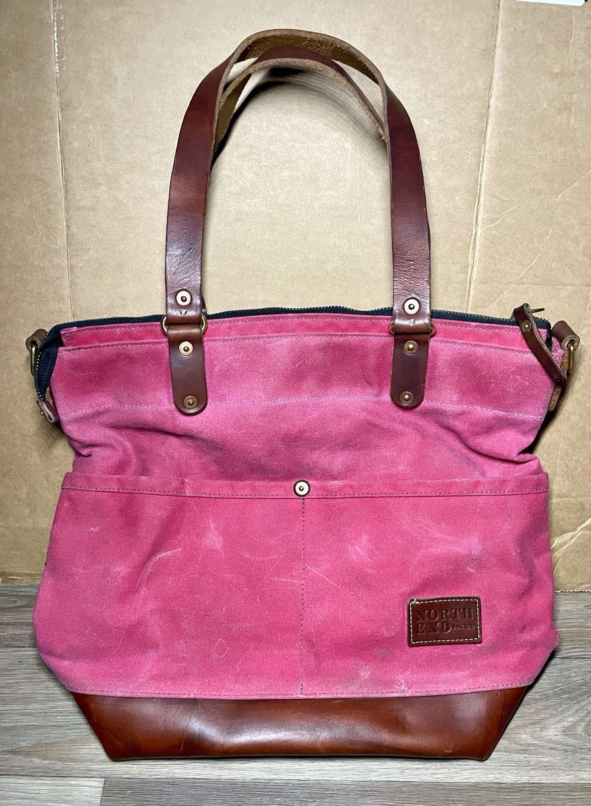 North End Bag Co The 76th St Tote Pink waxed canvas Leather accented
