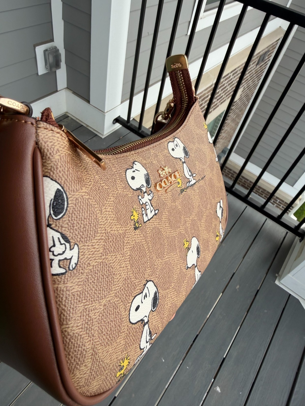 NWT COACH x PEANUTS Teri Shoulder Bag CBJ88 Snoopy Tan Brown Signature Canvas NE