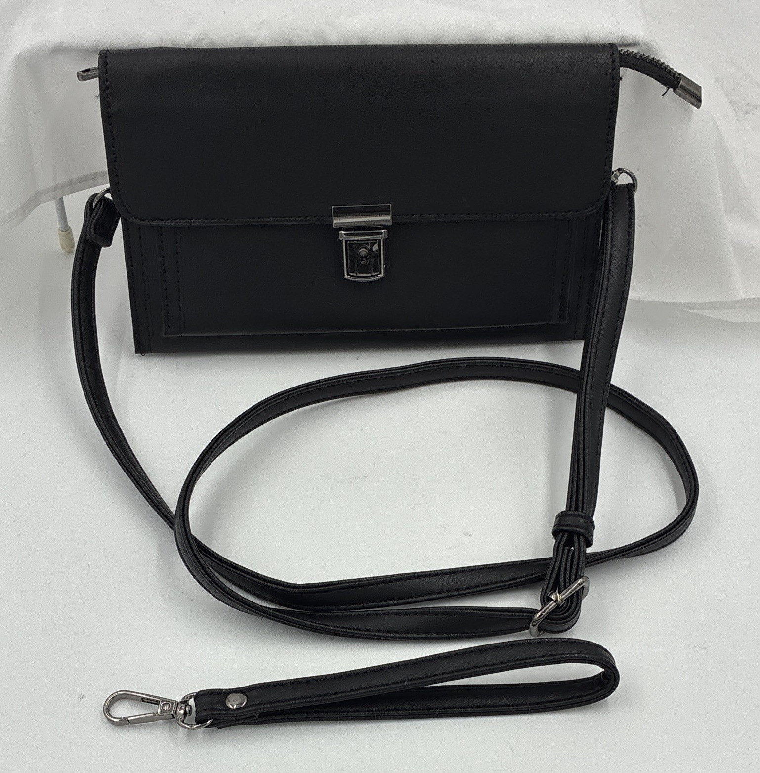 Women’s Black Small Crossbody Bag, Silver Hardware, Push Lock, Zip